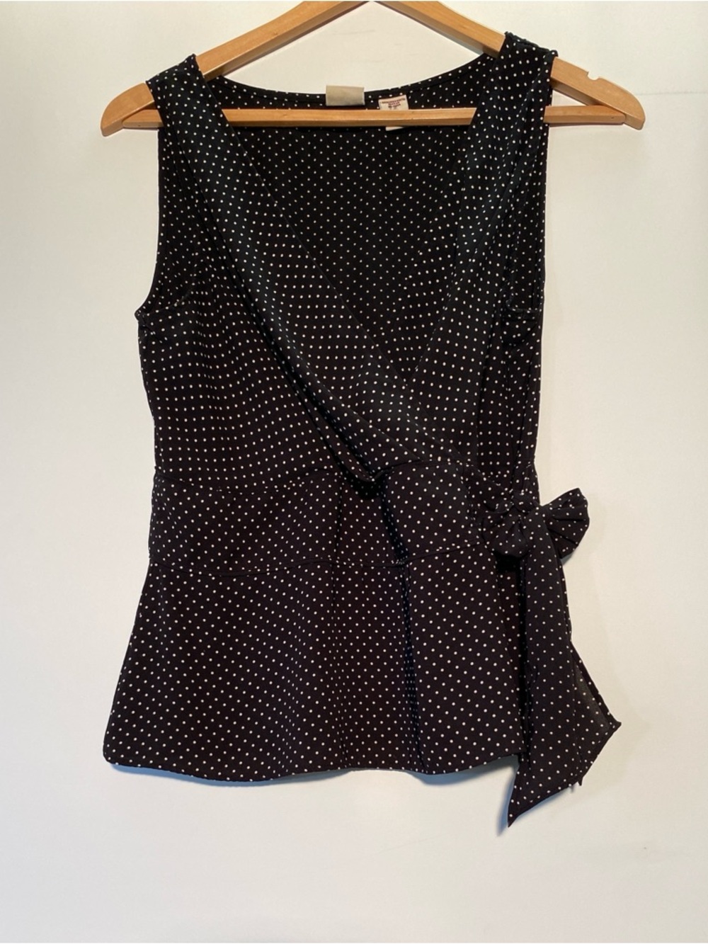 Covington Black Polka Dot Sleeveless Faux Wrap Tank with Side Zip and Tie